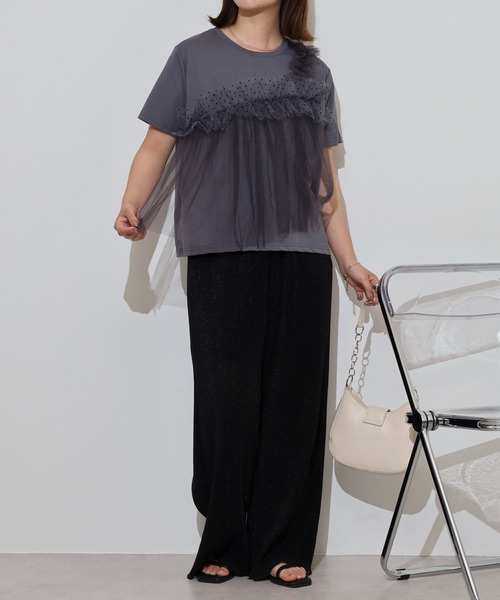 tシャツ Anna Nicola チュールフリルドッキング半袖カットソー レディース セール】Anna Nicola チュールフリルドッキング半袖カットソー