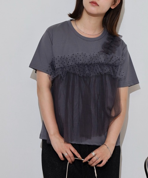 Anna Nicola(アンナニコラ)の「Anna Nicola チュールフリルドッキング半袖カットソー(Tシャツ/カットソー・レディース・ブラック/グレー/ネイビー・38)」の12枚目の写真