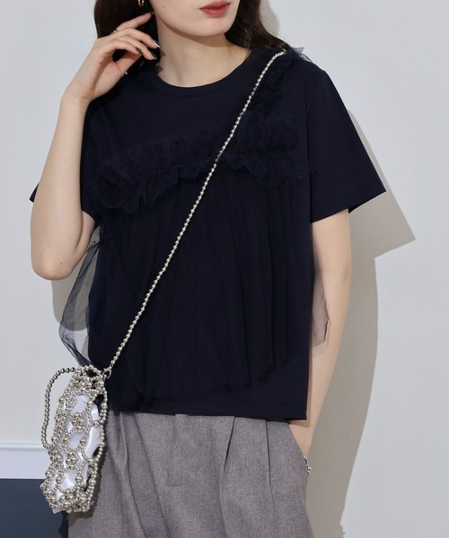 tシャツ Anna Nicola チュールフリルドッキング半袖カットソー レディース セール】Anna Nicola チュールフリルドッキング半袖カットソー