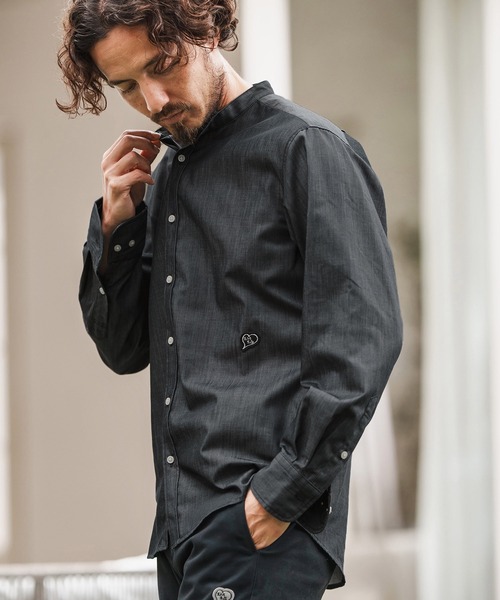 1minute 1second(ワンミニットワンセカンド)の「ms6159-oxford band collar shirt with logo print バンドカラーシャツ(シャツ/ブラウス・メンズ・ネイビー/ブラック×ホワイト/ブラック×ブラック・S/M/L/XL)」の2枚目の写真