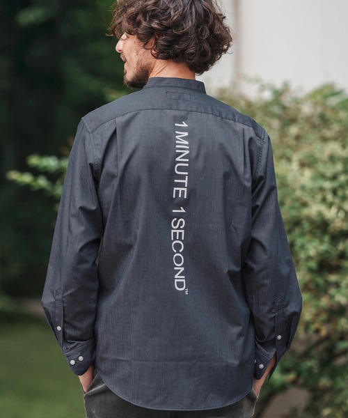 1minute 1second(ワンミニットワンセカンド)の「ms6159-oxford band collar shirt with logo print バンドカラーシャツ(シャツ/ブラウス・メンズ・ネイビー/ブラック×ホワイト/ブラック×ブラック・S/M/L/XL)」の3枚目の写真