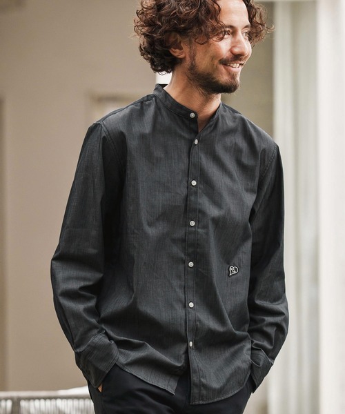 1minute 1second(ワンミニットワンセカンド)の「ms6159-oxford band collar shirt with logo print バンドカラーシャツ(シャツ/ブラウス・メンズ・ネイビー/ブラック×ホワイト/ブラック×ブラック・S/M/L/XL)」の4枚目の写真