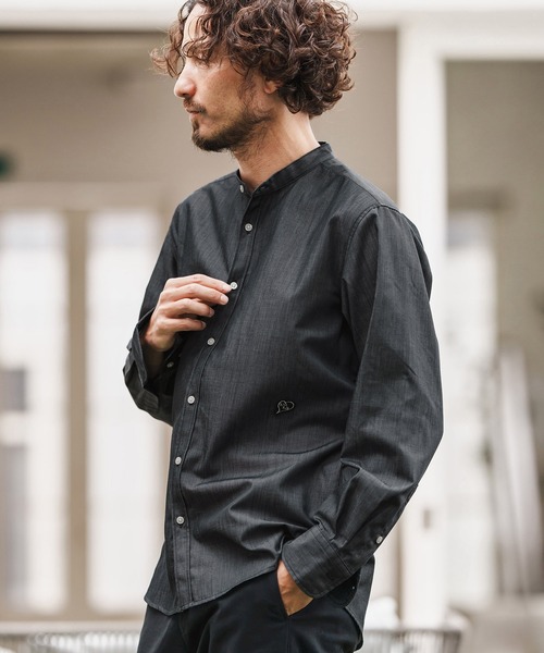 1minute 1second(ワンミニットワンセカンド)の「ms6159-oxford band collar shirt with logo print バンドカラーシャツ(シャツ/ブラウス・メンズ・ネイビー/ブラック×ホワイト/ブラック×ブラック・S/M/L/XL)」の5枚目の写真