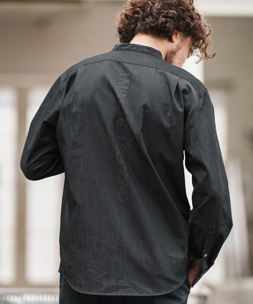 1minute 1second(ワンミニットワンセカンド)の「ms6159-oxford band collar shirt with logo print バンドカラーシャツ(シャツ/ブラウス・メンズ・ネイビー/ブラック×ホワイト/ブラック×ブラック・S/M/L/XL)」の6枚目の写真