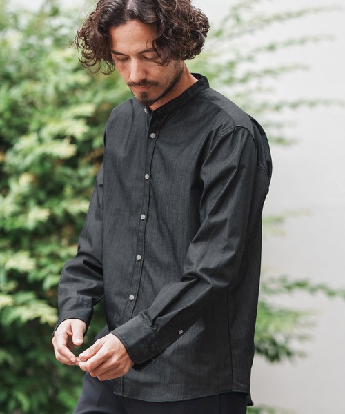 1minute 1second(ワンミニットワンセカンド)の「ms6159-oxford band collar shirt with logo print バンドカラーシャツ(シャツ/ブラウス・メンズ・ネイビー/ブラック×ホワイト/ブラック×ブラック・S/M/L/XL)」の11枚目の写真