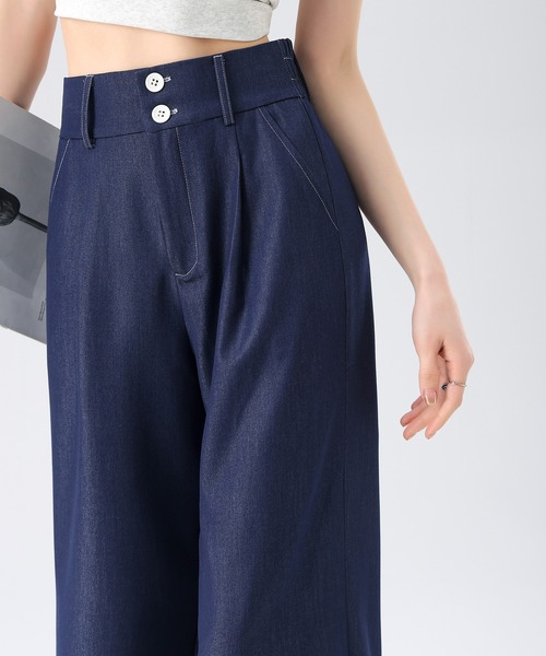 HANDO(ハンド)の「ダブルボタンでスタイルアップ♪ ダブルボタン ハイウエストワイドストレートデニム デニム風 オフィスカジュアル きれいめカジュアル レディース韓国(スラックス・レディース・ライトブルー/ダークブルー・S/M/L/XL/XXL)」の9枚目の写真