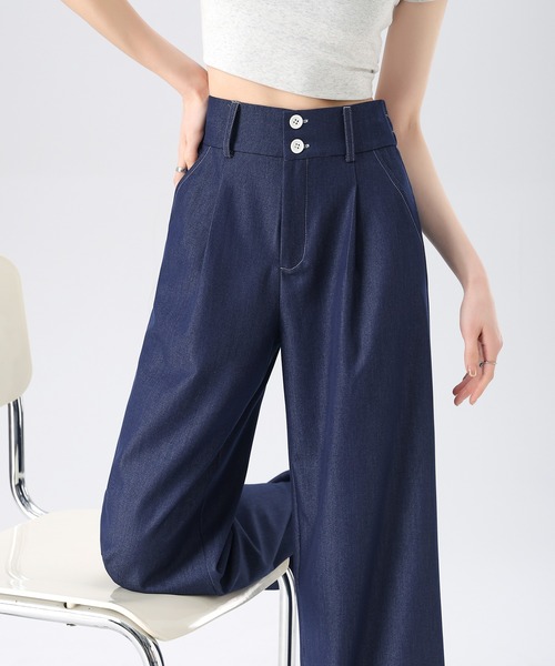 HANDO(ハンド)の「ダブルボタンでスタイルアップ♪ ダブルボタン ハイウエストワイドストレートデニム デニム風 オフィスカジュアル きれいめカジュアル レディース韓国(スラックス・レディース・ライトブルー/ダークブルー・S/M/L/XL/XXL)」の10枚目の写真