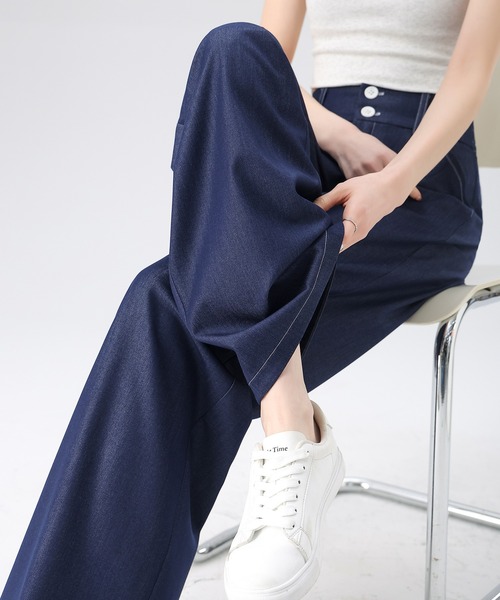 HANDO(ハンド)の「ダブルボタンでスタイルアップ♪ ダブルボタン ハイウエストワイドストレートデニム デニム風 オフィスカジュアル きれいめカジュアル レディース韓国(スラックス・レディース・ライトブルー/ダークブルー・S/M/L/XL/XXL)」の14枚目の写真