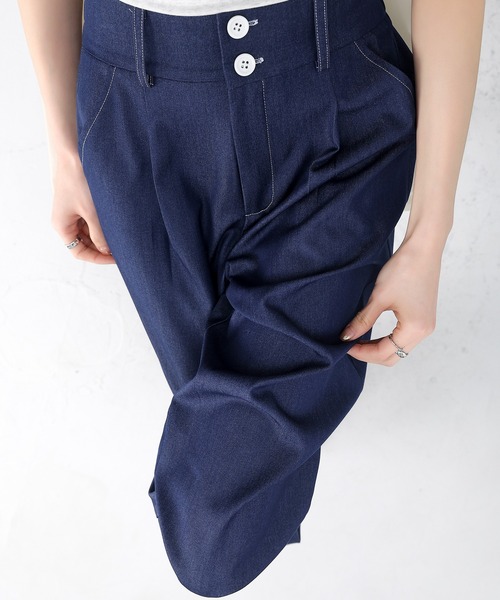 HANDO(ハンド)の「ダブルボタンでスタイルアップ♪ ダブルボタン ハイウエストワイドストレートデニム デニム風 オフィスカジュアル きれいめカジュアル レディース韓国(スラックス・レディース・ライトブルー/ダークブルー・S/M/L/XL/XXL)」の15枚目の写真