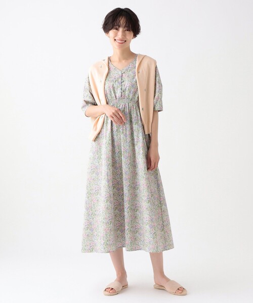 限定! London Times プリント Vネック ミディ ワンピース agil_2-759203