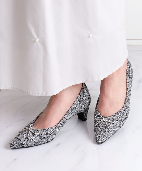 1.7万❤️日本製❤️新品　DIANA ダイアナ　晴雨兼用　リボンパンプス　23.5 ラインストーンリボン ツイードパンプス（パンプス）｜artemis by