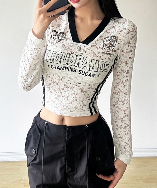トップス GLAMOROUS JANE GLAMOROUS JANE tシャツ レースアップクロップド丈半袖トップス