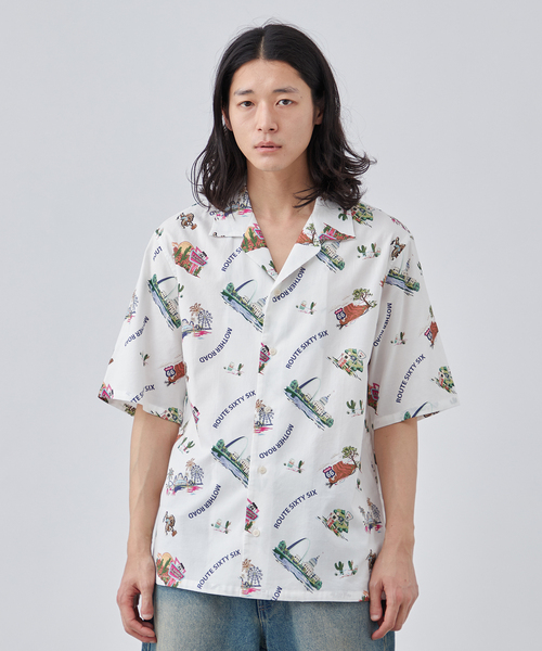 B.C STOCK(ベーセーストック)の「《追加》【CALIFORNIA RANCH HOUSE】アロハシャツ -ROUTE66-(シャツ/ブラウス・メンズ・ホワイト/ブラック/カーキ・MEDIUM/LARGE)」の1枚目の写真