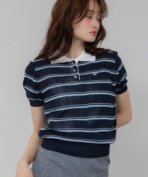 シアーボーダーポロニット/シアー ニット トップス 半袖 ポロシャツ