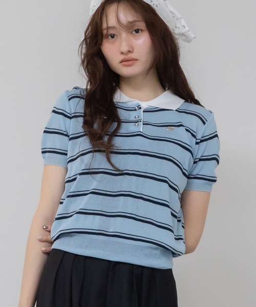 シアーボーダーポロニット/シアー ニット トップス 半袖 ポロシャツ