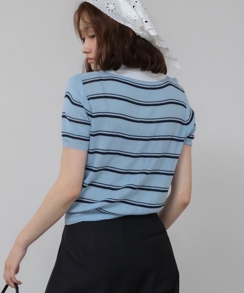 シアーボーダーポロニット/シアー ニット トップス 半袖 ポロシャツ