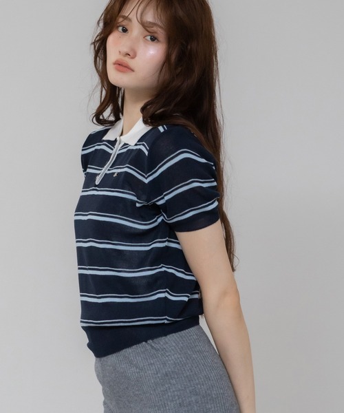 セール】シアーボーダーポロニット/シアー ニット トップス 半袖