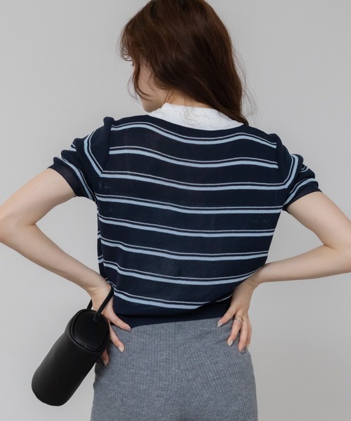 セール】シアーボーダーポロニット/シアー ニット トップス 半袖