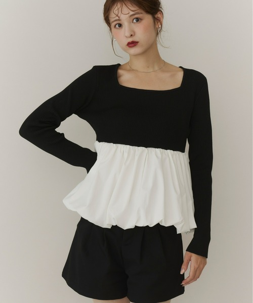 Olu.(オルドット)の「スクエアネックバルーンニット(ニット/セーター・レディース・グレー/ブラック/ベージュ/ブラック×ホワイト・FREE)」の1枚目の写真