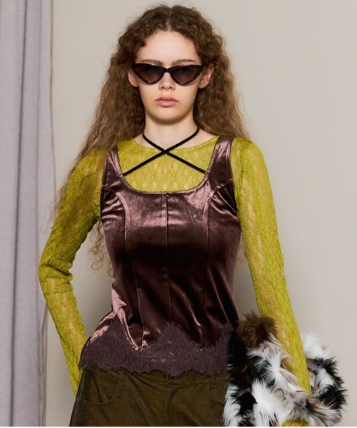 セール】Hem Lace Velvet Tank Top/ヘムレースベロアタンクトップ