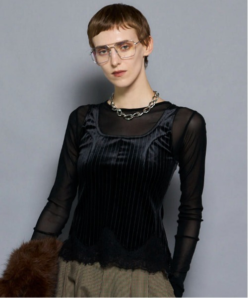 MAISON SPECIAL（メゾンスペシャル）の「Hem Lace Velvet Tank Top/ヘムレースベロアタンクトップ■セットアップ対応■（タンクトップ・レディース・ブラウン/ブラック/ブルー・FREE）」の2枚目の写真