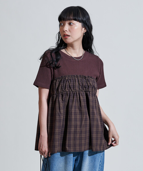 FREAK'S STORE(フリークスストア)の「アーミーリブ チェック ドッキングTシャツ/チェック柄切替Tシャツ(Tシャツ/カットソー・レディース・ブラウン/オフホワイト/チャコール・フリ-)」の1枚目の写真