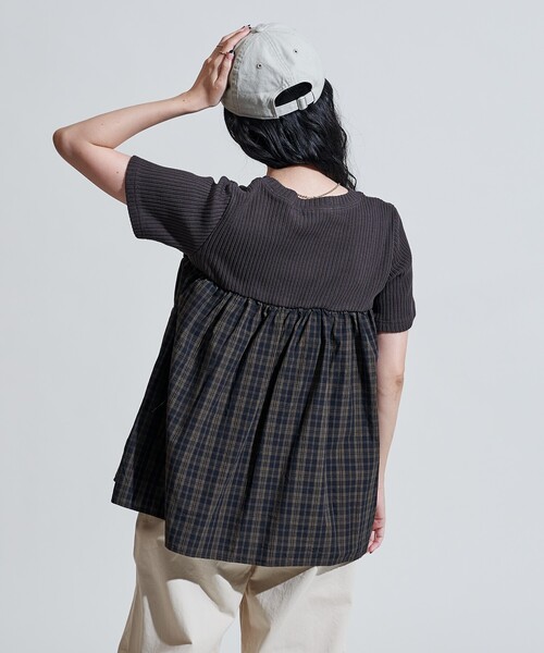 tシャツ アーミーリブ チェック ドッキングTシャツ/チェック柄切替Tシャツ レディース アーミーリブ チェック ドッキングTシャツ/チェック柄切替T