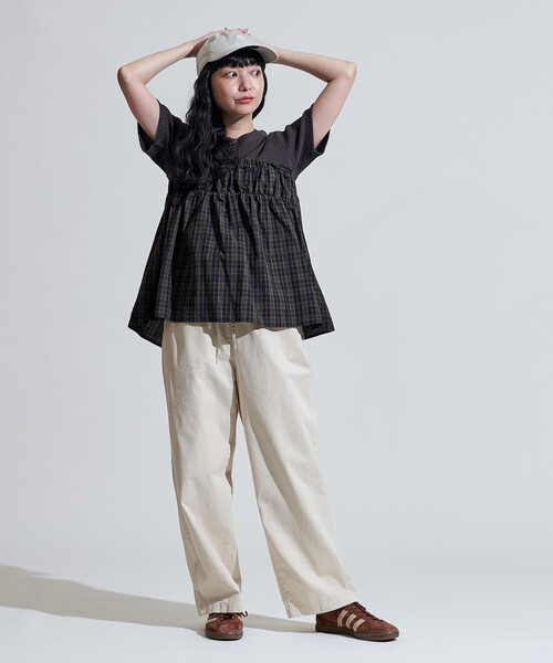 FREAK'S STORE(フリークスストア)の「アーミーリブ チェック ドッキングTシャツ/チェック柄切替Tシャツ(Tシャツ/カットソー・レディース・ブラウン/オフホワイト/チャコール・フリ-)」の22枚目の写真