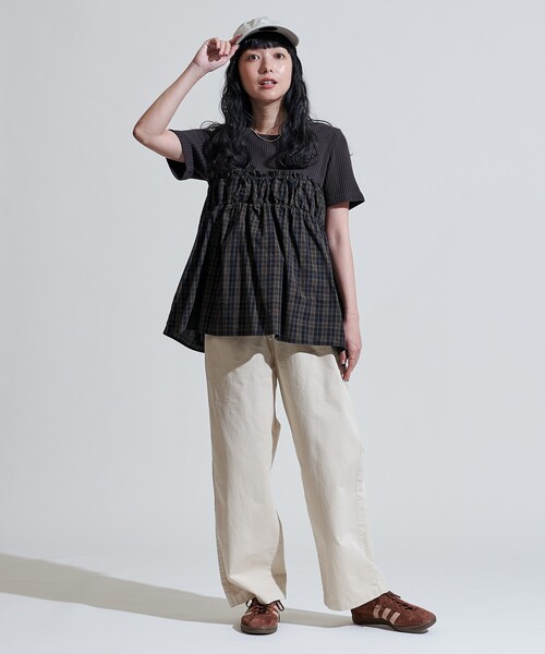 tシャツ アーミーリブ チェック ドッキングTシャツ/チェック柄切替Tシャツ レディース アーミーリブ チェック ドッキングTシャツ/チェック柄切替T