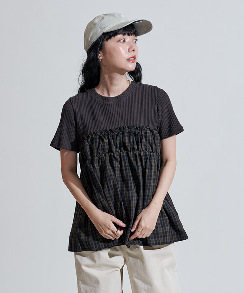 FREAK'S STORE(フリークスストア)の「アーミーリブ チェック ドッキングTシャツ/チェック柄切替Tシャツ(Tシャツ/カットソー・レディース・ブラウン/オフホワイト/チャコール・フリ-)」の18枚目の写真