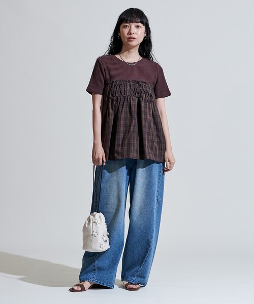 tシャツ アーミーリブ チェック ドッキングTシャツ/チェック柄切替Tシャツ レディース アーミーリブ チェック ドッキングTシャツ/チェック柄切替T