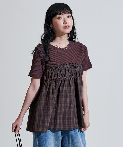 tシャツ アーミーリブ チェック ドッキングTシャツ/チェック柄切替Tシャツ レディース アーミーリブ チェック ドッキングTシャツ/チェック柄切替T