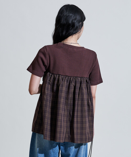 FREAK'S STORE(フリークスストア)の「アーミーリブ チェック ドッキングTシャツ/チェック柄切替Tシャツ(Tシャツ/カットソー・レディース・ブラウン/オフホワイト/チャコール・フリ-)」の12枚目の写真