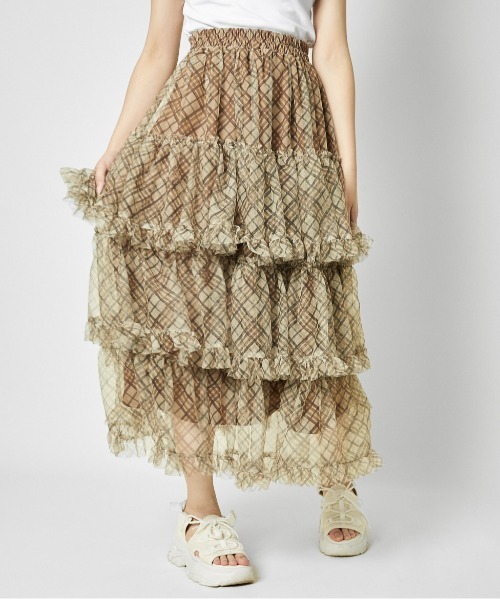 GORGE（ゴージ）の「《ふんわりチュール×ティアード》レディース ロングスカート 軽やかシルエット 春夏秋（スカート・レディース・レッド/ベージュ/カモフラージュ/ブルー/ピンク・F）」の2枚目の写真