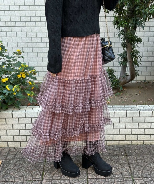 GORGE（ゴージ）の「《ふんわりチュール×ティアード》レディース ロングスカート 軽やかシルエット 春夏秋（スカート・レディース・レッド/ベージュ/カモフラージュ/ブルー/ピンク・F）」の4枚目の写真