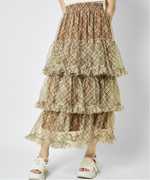 GORGE（ゴージ）の「《ふんわりチュール×ティアード》レディース ロングスカート 軽やかシルエット 春夏秋（スカート・レディース・レッド/ベージュ/カモフラージュ/ブルー/ピンク・F）」の7枚目の写真