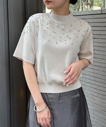 ピュリフィエビジュー付き ニット ベージュ 半袖 おしゃれ セーター