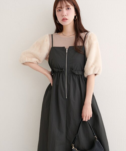 natural couture（ナチュラルクチュール）の「【WEB限定】〈mamamo〉ウエストフリル付きZIPキャミワンピース（ワンピース・レディース・ブラック/チャコールグレー/モカ・FREE）」の12枚目の写真