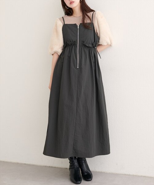 セール】【WEB限定】〈mamamo〉ウエストフリル付きZIPキャミワンピース