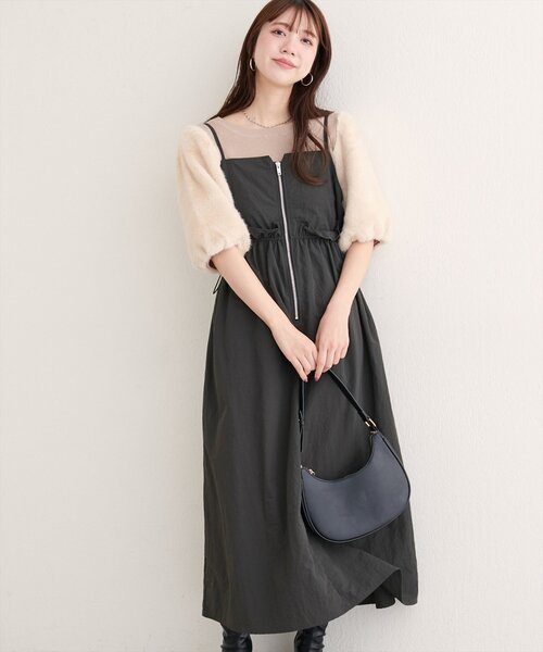 セール】【WEB限定】〈mamamo〉ウエストフリル付きZIPキャミワンピース