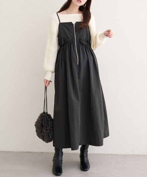 natural couture（ナチュラルクチュール）の「【WEB限定】〈mamamo〉ウエストフリル付きZIPキャミワンピース（ワンピース・レディース・ブラック/チャコールグレー/モカ・FREE）」の13枚目の写真