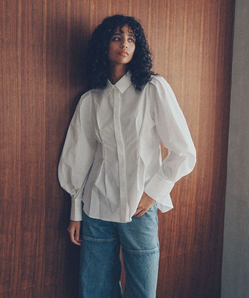 YOOU(ユー)の「ウエストタックシャツ/タックデザイン × フィットシルエット(Tシャツ/カットソー・レディース・ホワイト/ベージュ/ストライプ・FREE)」の14枚目の写真