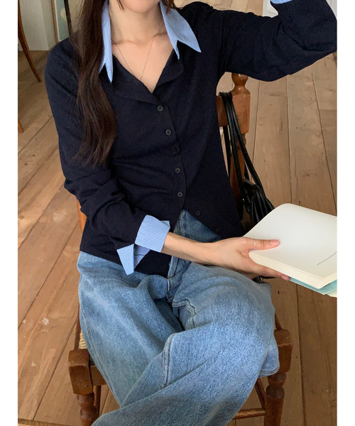 VIVID LADY（ビビッドレディー）の「シャツレイヤード風トップス（カーディガン/ボレロ・レディース・ブラック/ブラウン/ネイビー・FREE）」の6枚目の写真