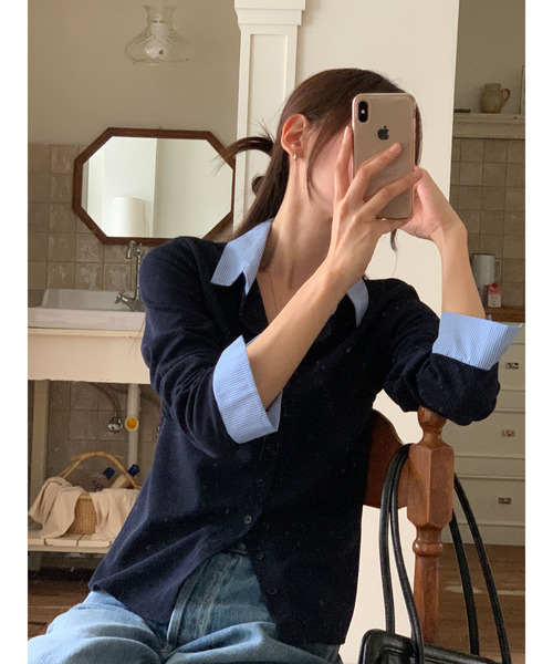 VIVID LADY（ビビッドレディー）の「シャツレイヤード風トップス（カーディガン/ボレロ・レディース・ブラック/ブラウン/ネイビー・FREE）」の8枚目の写真