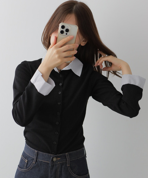 VIVID LADY（ビビッドレディー）の「シャツレイヤード風トップス（カーディガン/ボレロ・レディース・ブラック/ブラウン/ネイビー・FREE）」の9枚目の写真