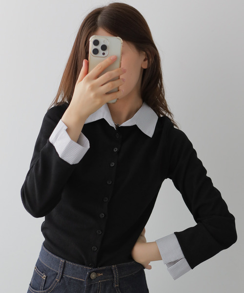 VIVID LADY（ビビッドレディー）の「シャツレイヤード風トップス（カーディガン/ボレロ・レディース・ブラック/ブラウン/ネイビー・FREE）」の10枚目の写真