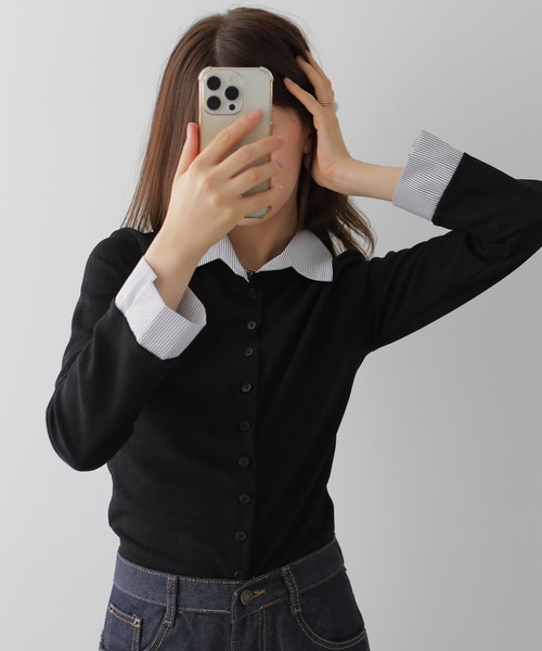 VIVID LADY（ビビッドレディー）の「シャツレイヤード風トップス（カーディガン/ボレロ・レディース・ブラック/ブラウン/ネイビー・FREE）」の4枚目の写真