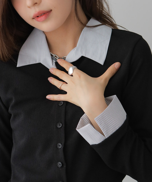 VIVID LADY（ビビッドレディー）の「シャツレイヤード風トップス（カーディガン/ボレロ・レディース・ブラック/ブラウン/ネイビー・FREE）」の12枚目の写真