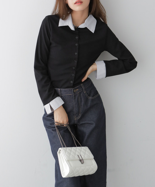 VIVID LADY（ビビッドレディー）の「シャツレイヤード風トップス（カーディガン/ボレロ・レディース・ブラック/ブラウン/ネイビー・FREE）」の14枚目の写真