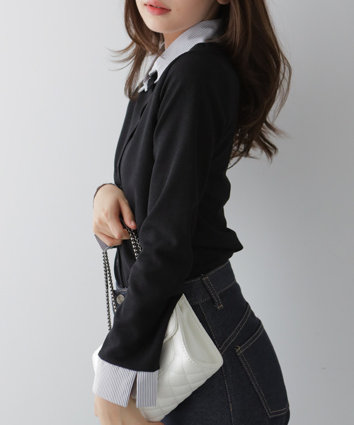 VIVID LADY（ビビッドレディー）の「シャツレイヤード風トップス（カーディガン/ボレロ・レディース・ブラック/ブラウン/ネイビー・FREE）」の15枚目の写真